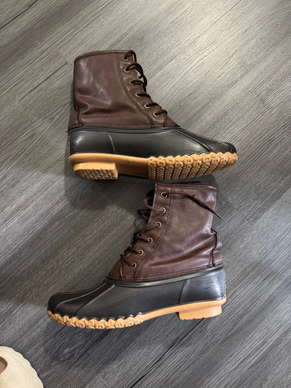 Men's Brown Leather and Black Duck Boots - Lace-Up Weatherproof Style